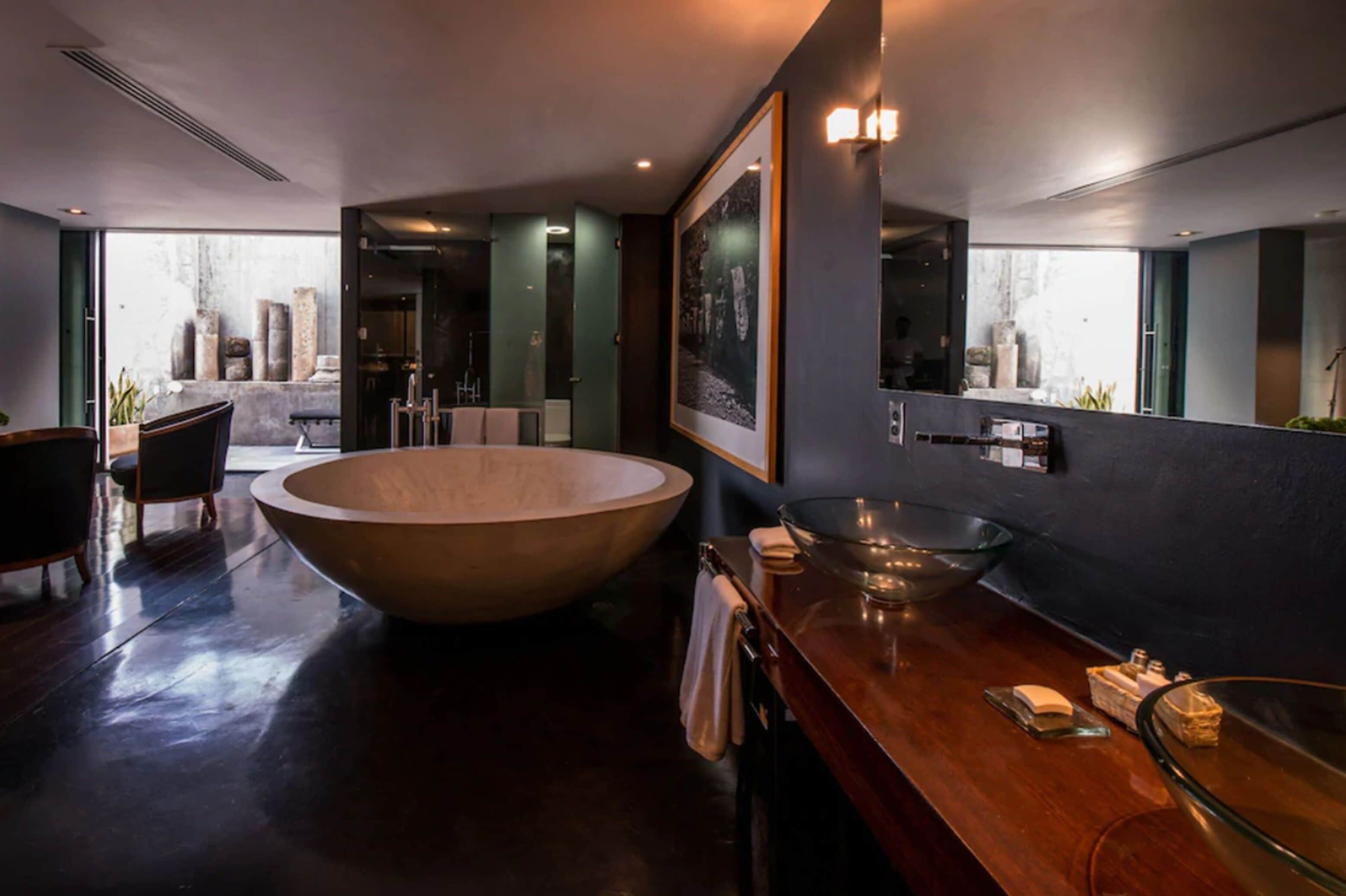 designer toiletries, hair dryer, bathrobes, slippers