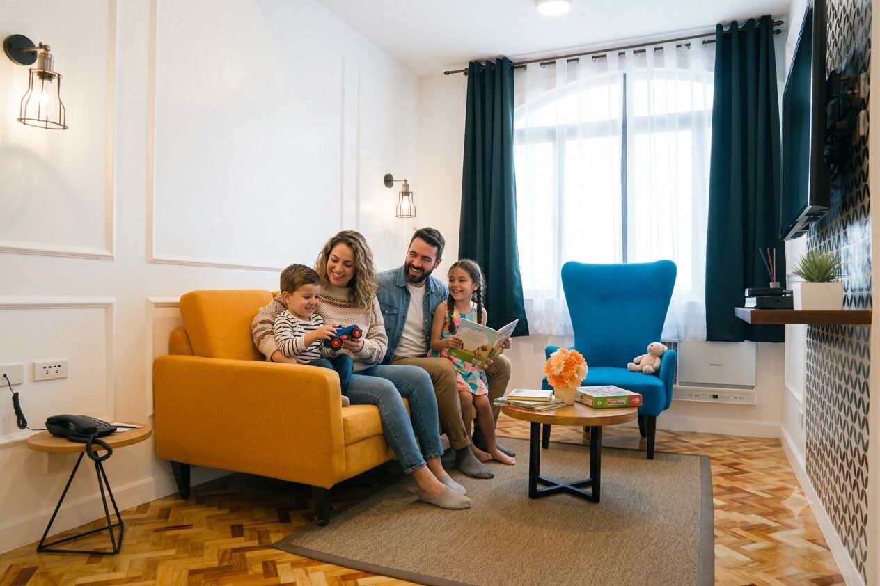 Eine Familie sitzt auf einem Sofa in einem Zimmer mit einem gemusterten Boden, einem kleinen Tisch mit einer Vase und einem blauen Sessel.