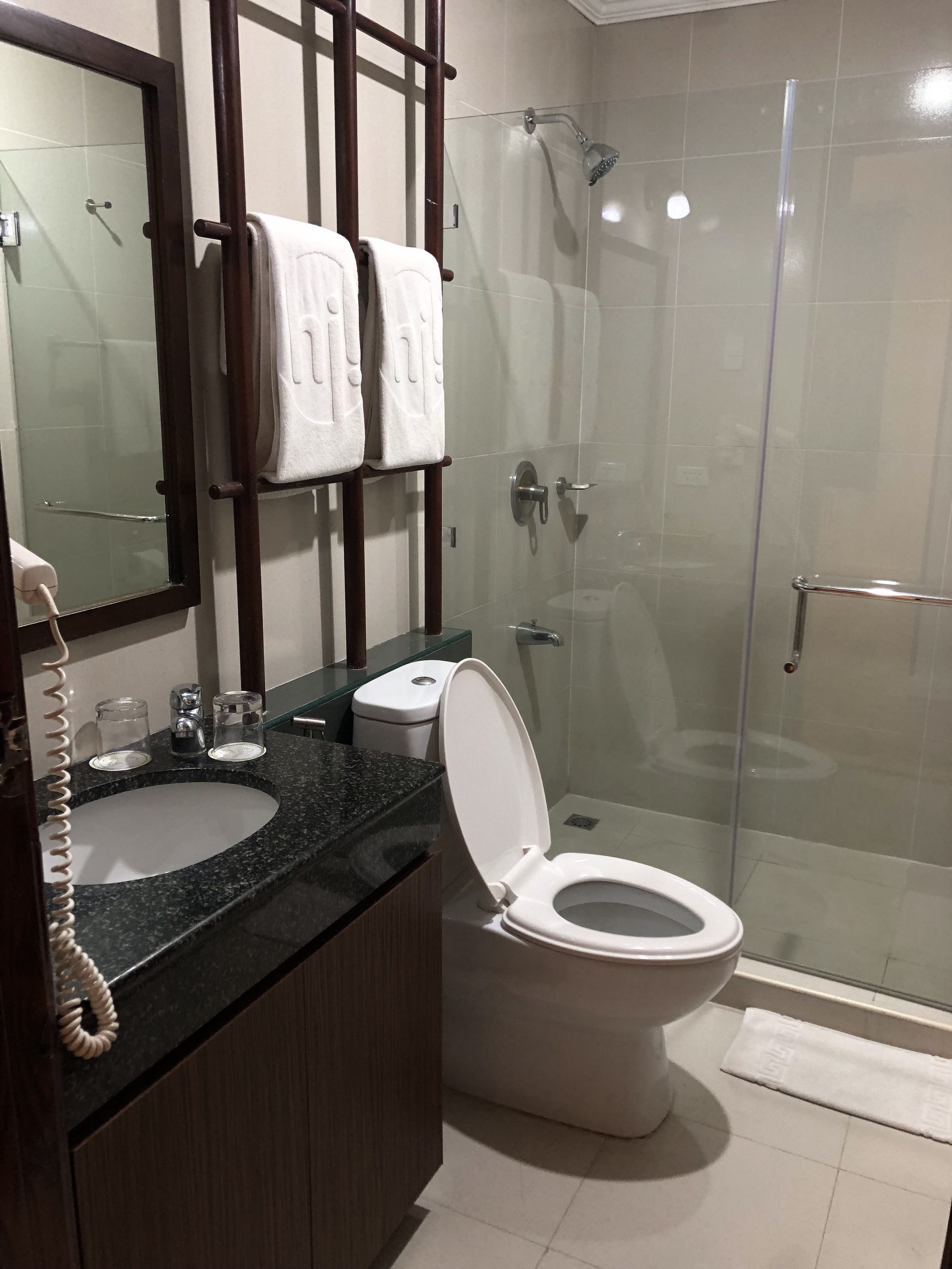 A modern bathroom with a glass-enclosed shower, a white toilet, and a granite countertop with a sink and mirror.