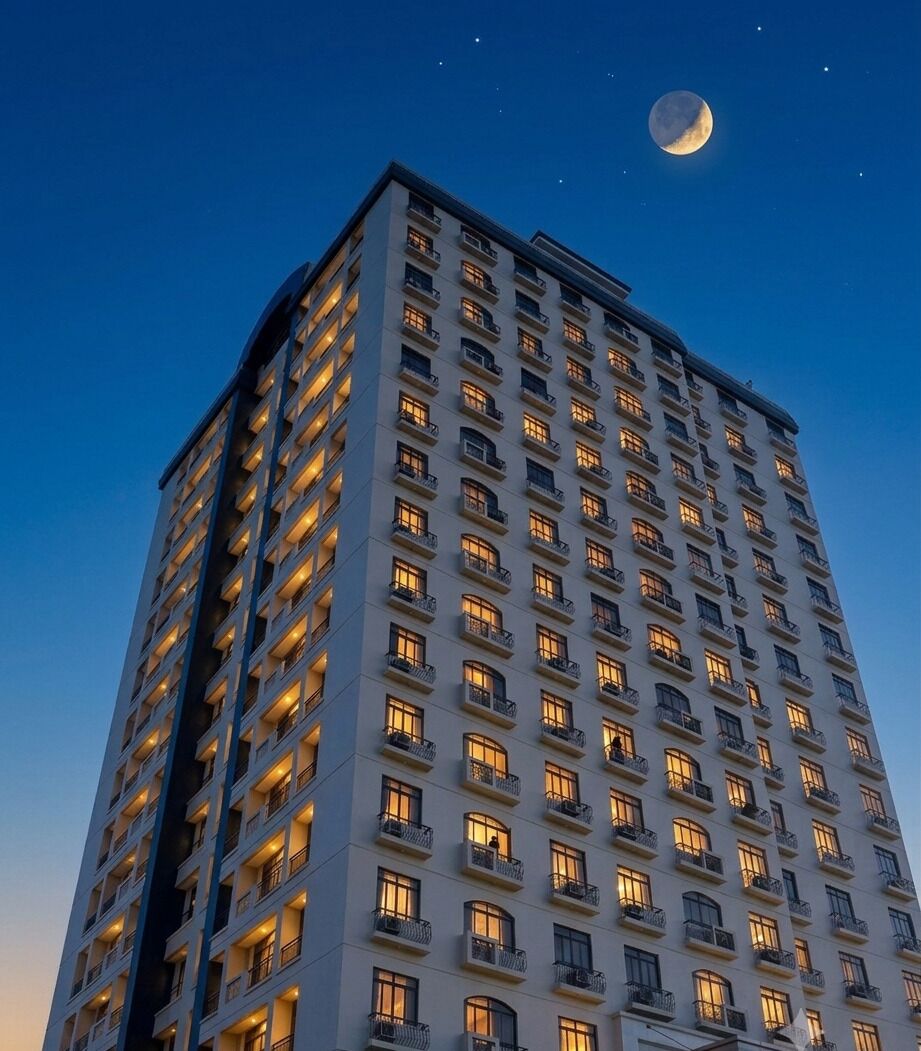 Un hotel de gran altura con varios pisos y balcones, bajo un cielo nocturno con una luna visible.