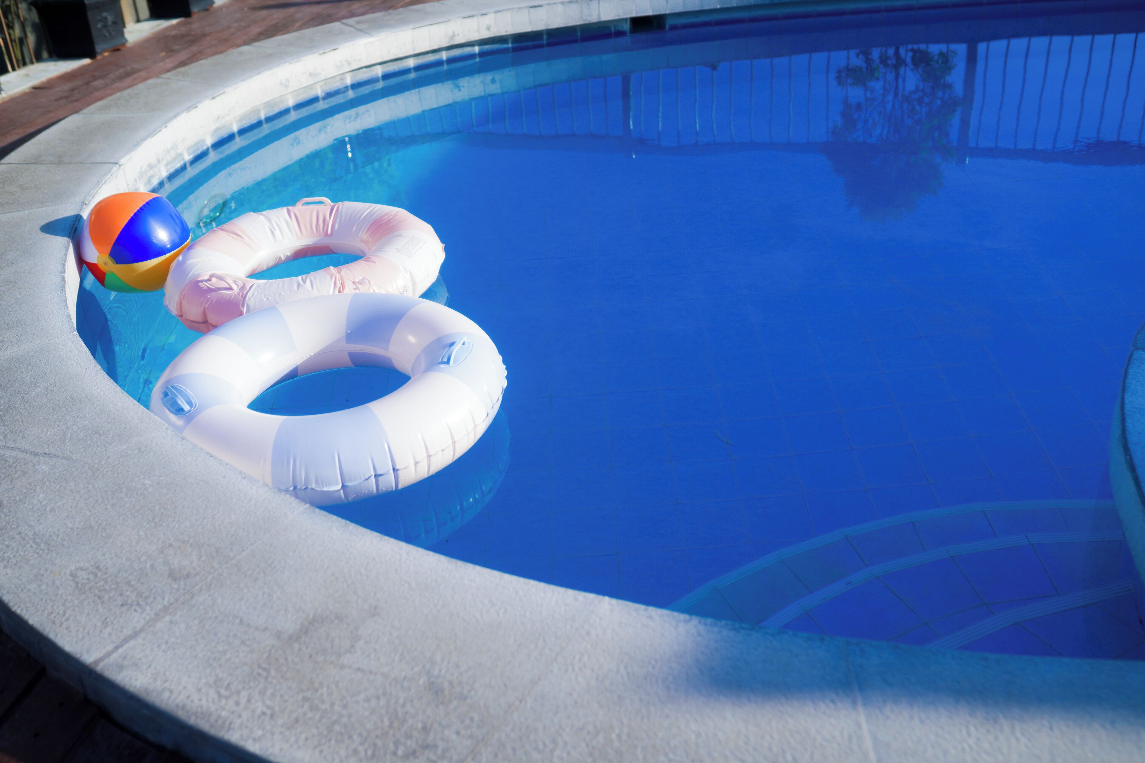 A swimming pool with two inflatable rings and a beach ball.