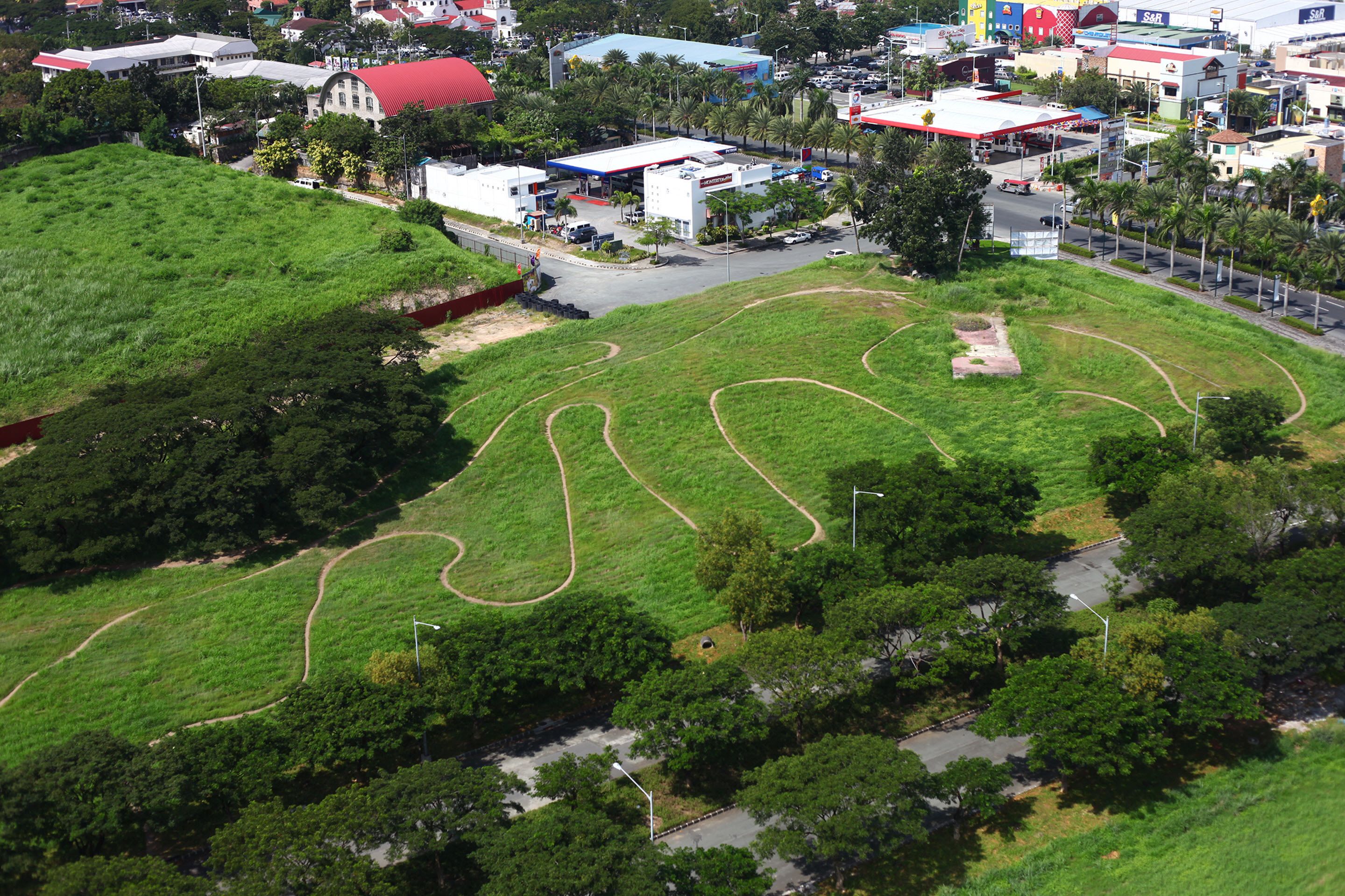 An aerial view of a green park with winding paths and a small hill.