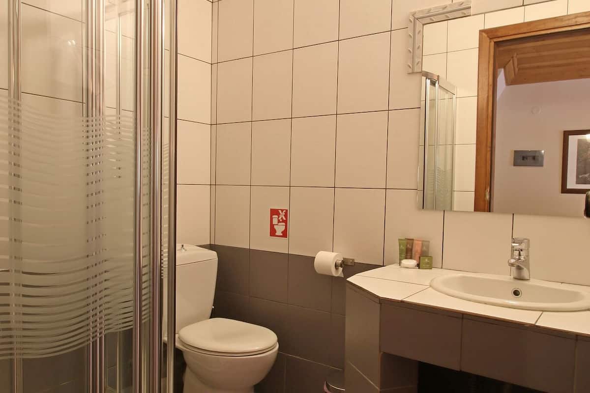 deluxe double room, mountain view | bathroom | shower, hair dryer, slippers, towels