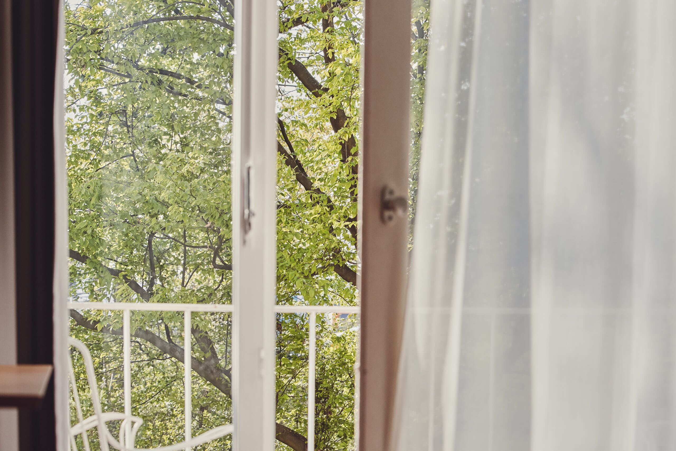 A view through a window with a white frame, looking out to a balcony with a white railing.