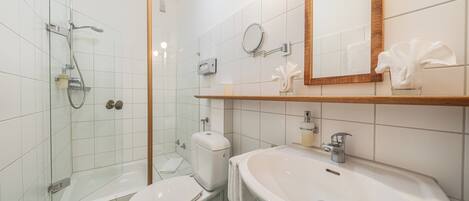 A bathroom with a glass-enclosed shower, a white toilet, and a sink with a mirror above it.