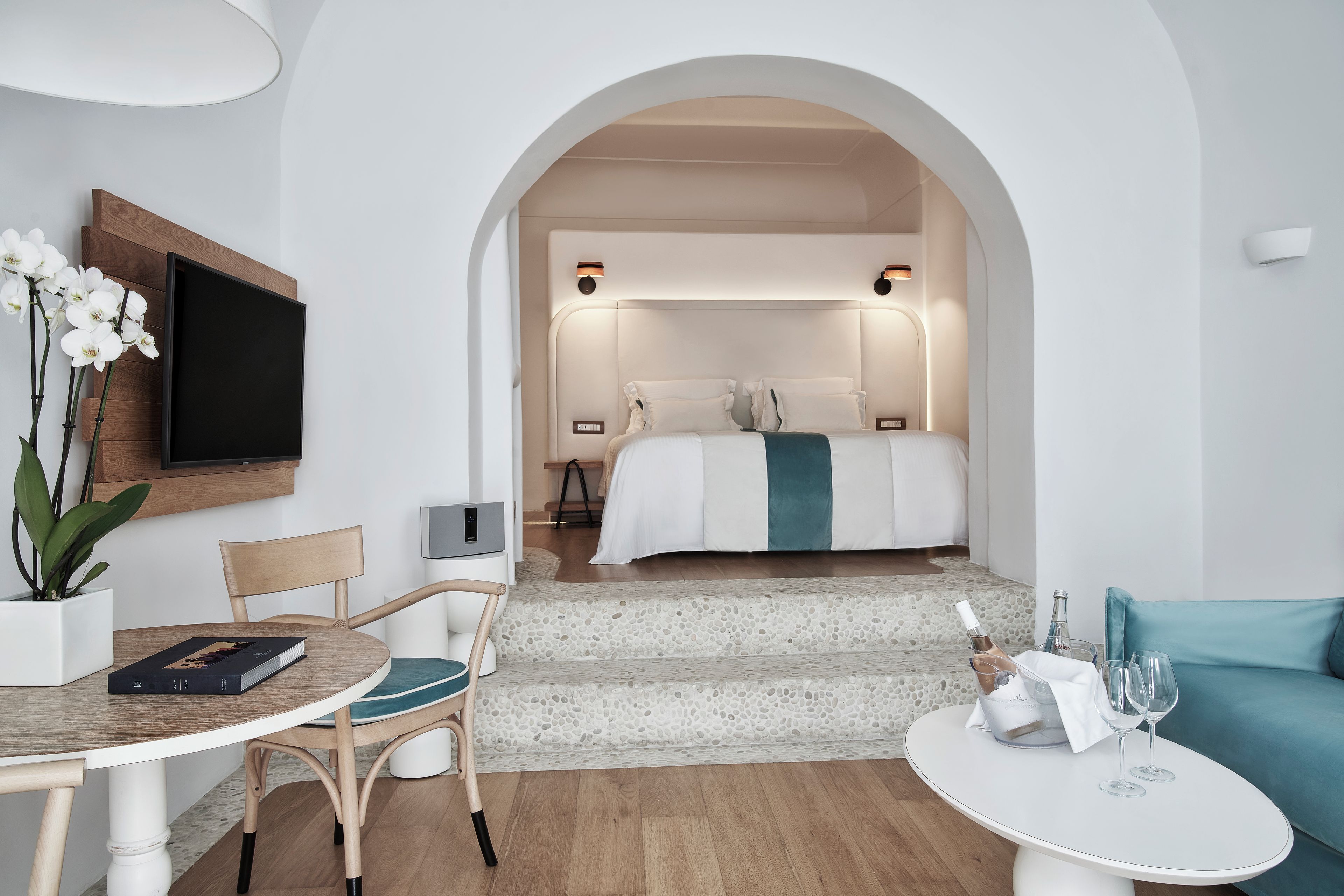 A hotel room with a bed, a desk, a chair, a TV, and a plant.