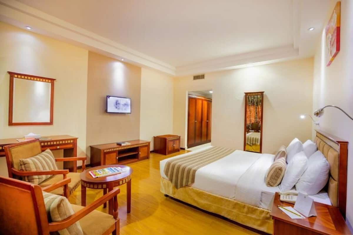 A hotel room with a bed, a desk, a chair, a TV, and a mirror.