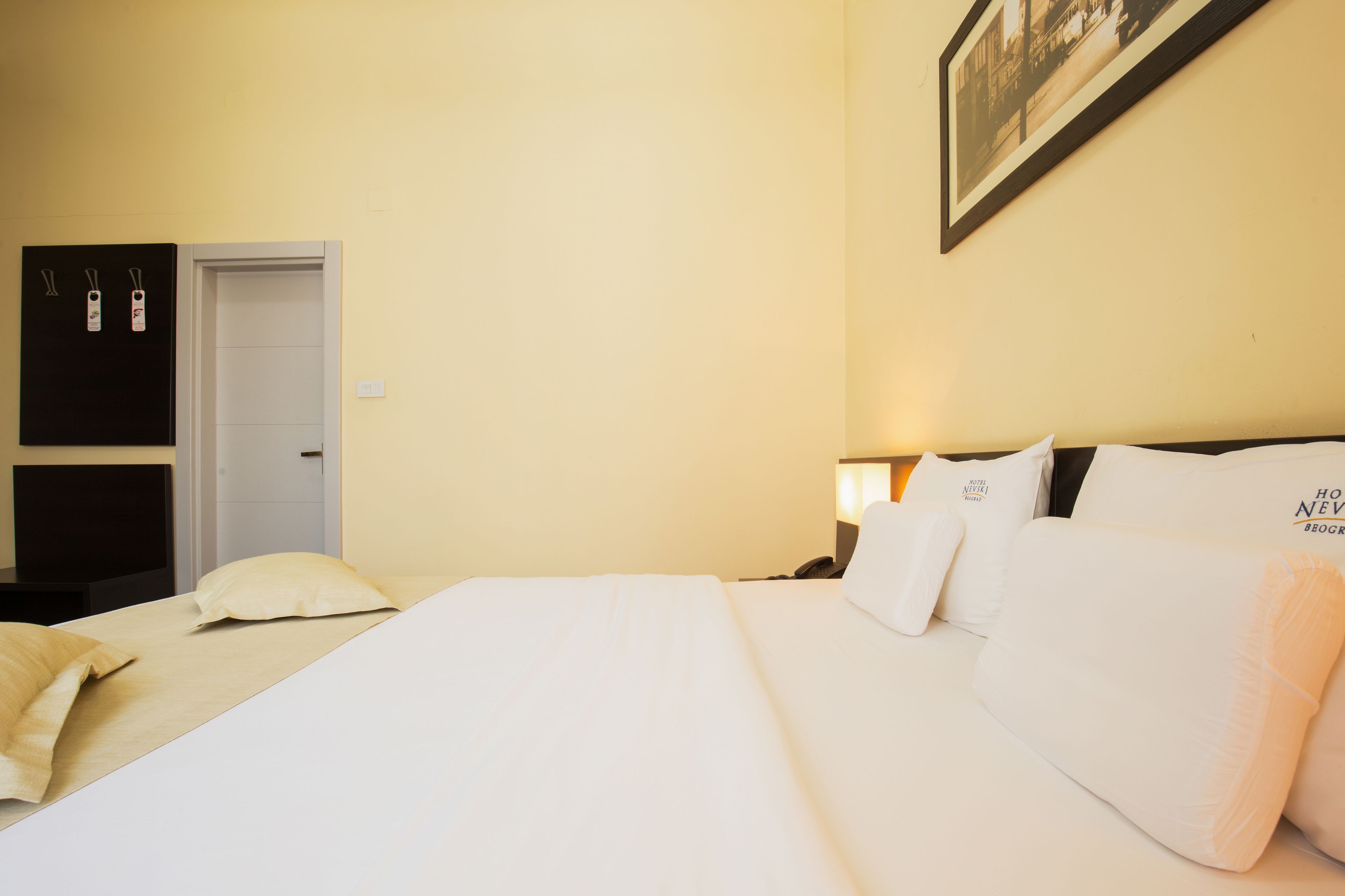 A hotel room with a bed, pillows, a nightstand, a framed picture on the wall, and a door.