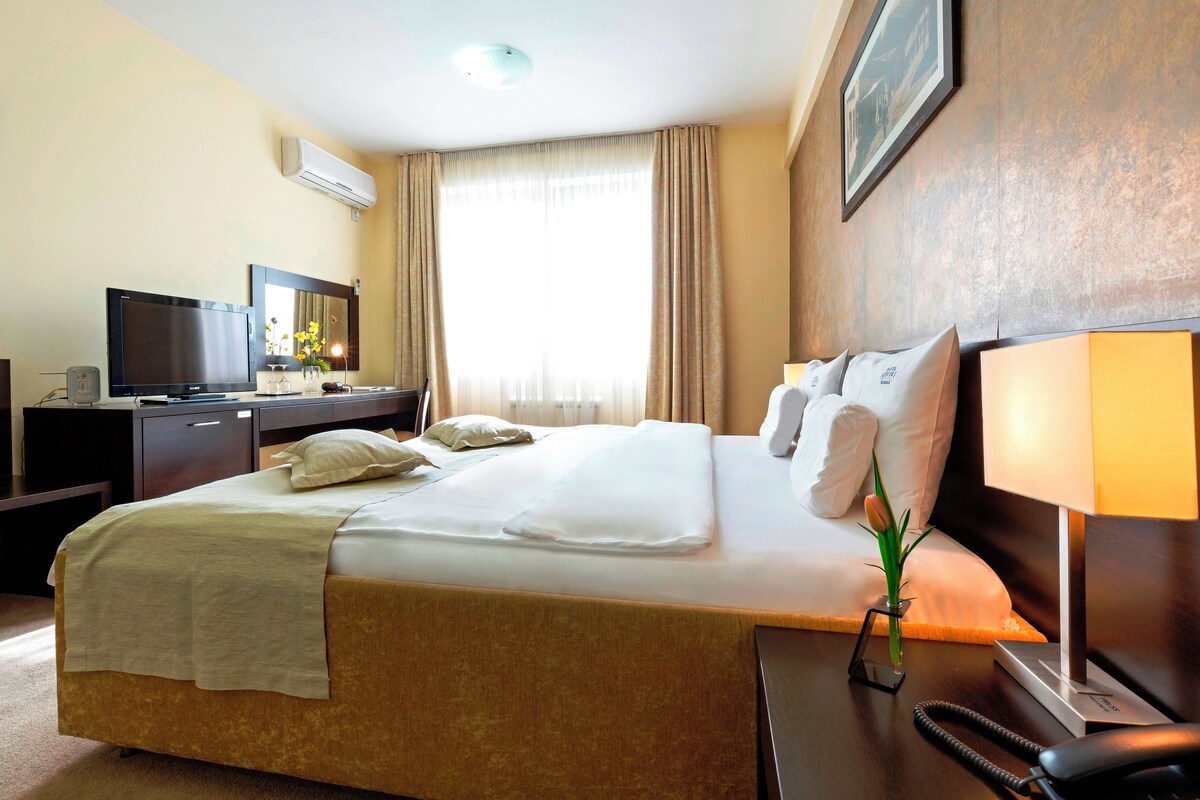A hotel room with a bed, a desk with a computer, a TV, and a lamp.