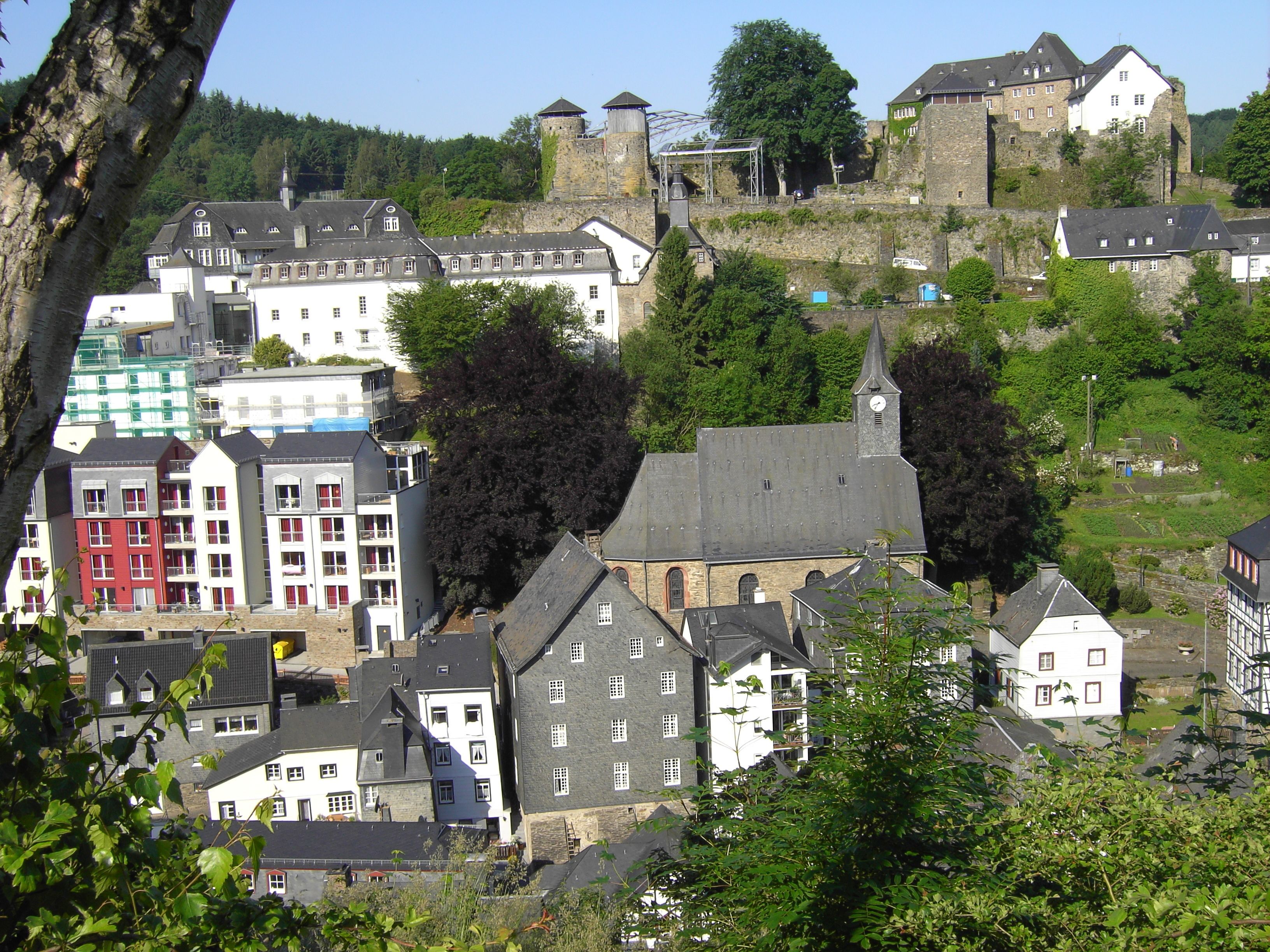 A historic town with a prominent castle on a hill, surrounded by traditional buildings and lush greenery.