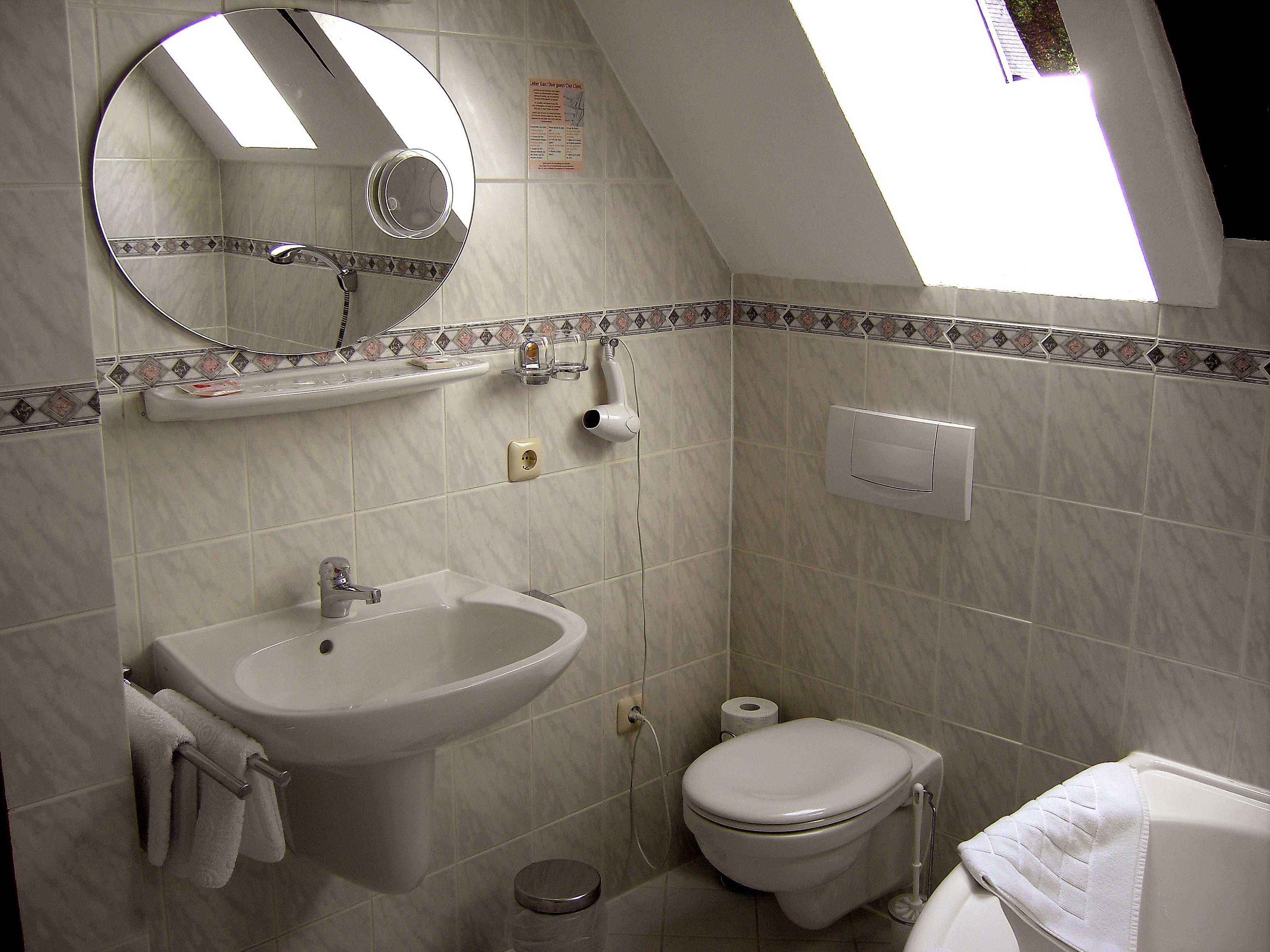 A bathroom with a sink, toilet, and mirror.