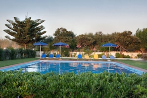 Seasonal outdoor pool, pool umbrellas, pool loungers