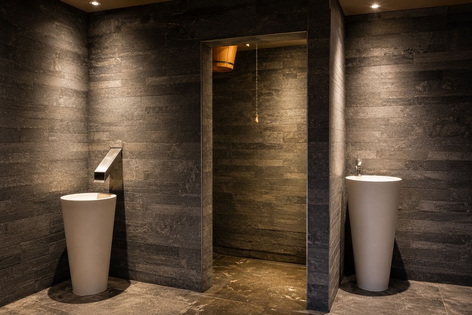 A modern bathroom with two large sinks, dark stone walls, and a glass partition.