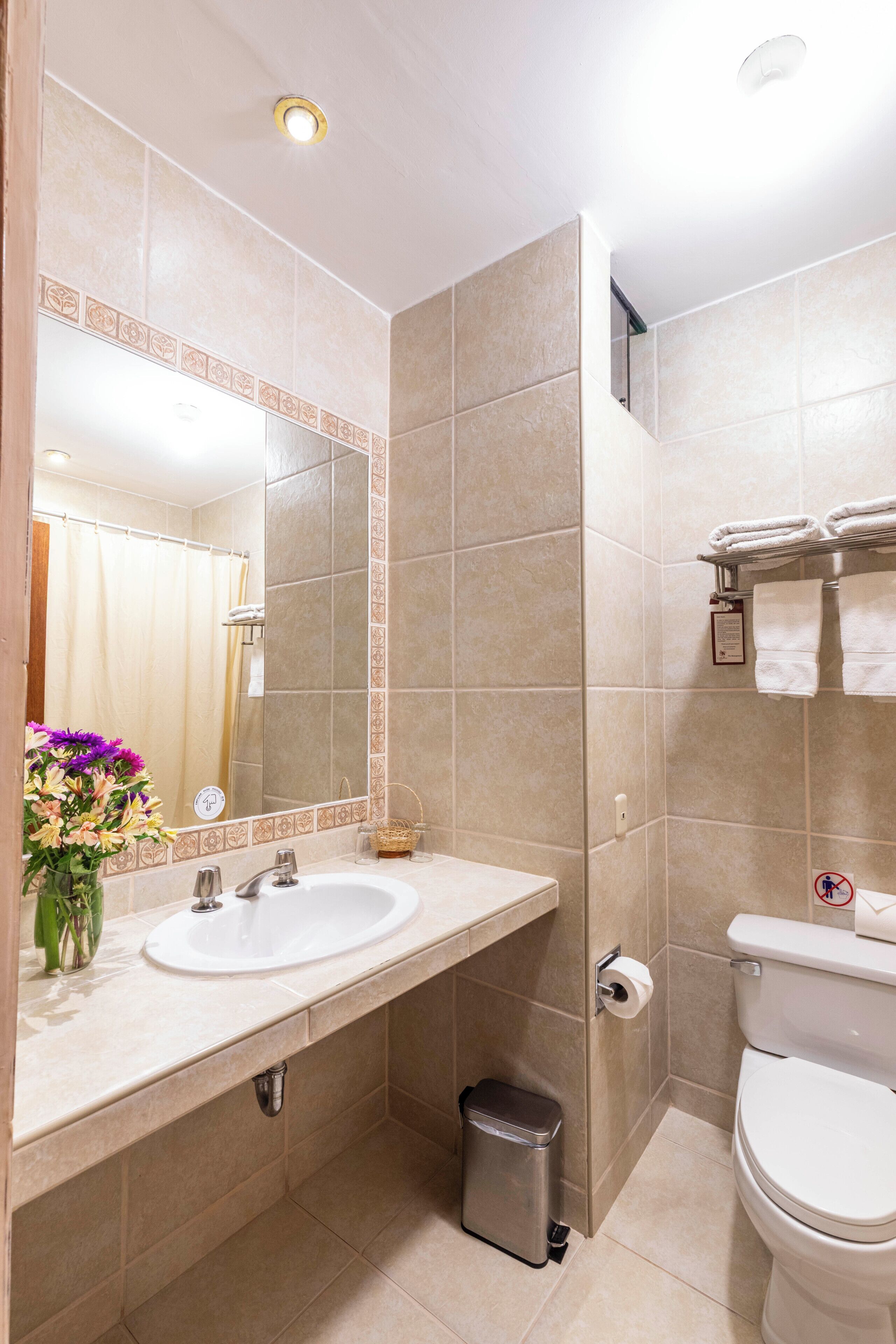 Baño con lavamanos, espejo, inodoro y basurero.