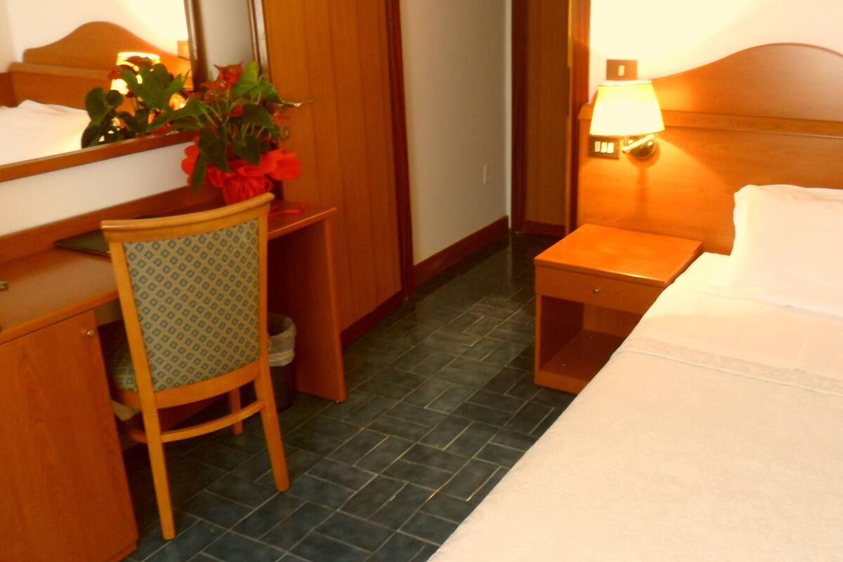 A hotel room with a bed, a desk, a chair, a nightstand, a lamp, and a potted plant.