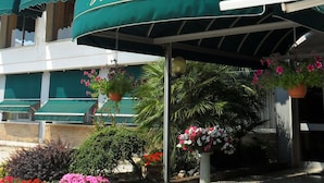 A hotel with a green awning and multiple windows. There are potted plants and flowers in front of the building. - Hotel Florida (Piove di Sacco)