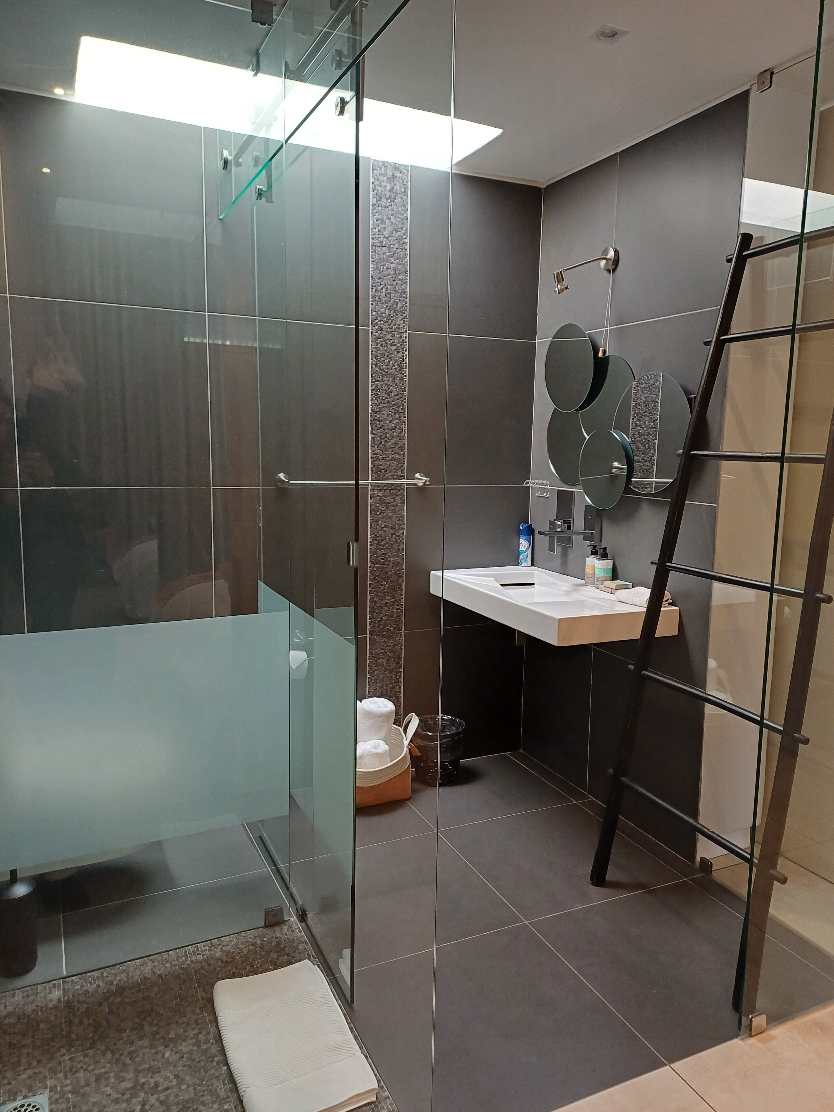 A modern bathroom with a glass shower enclosure, a white sink, and a mirror.