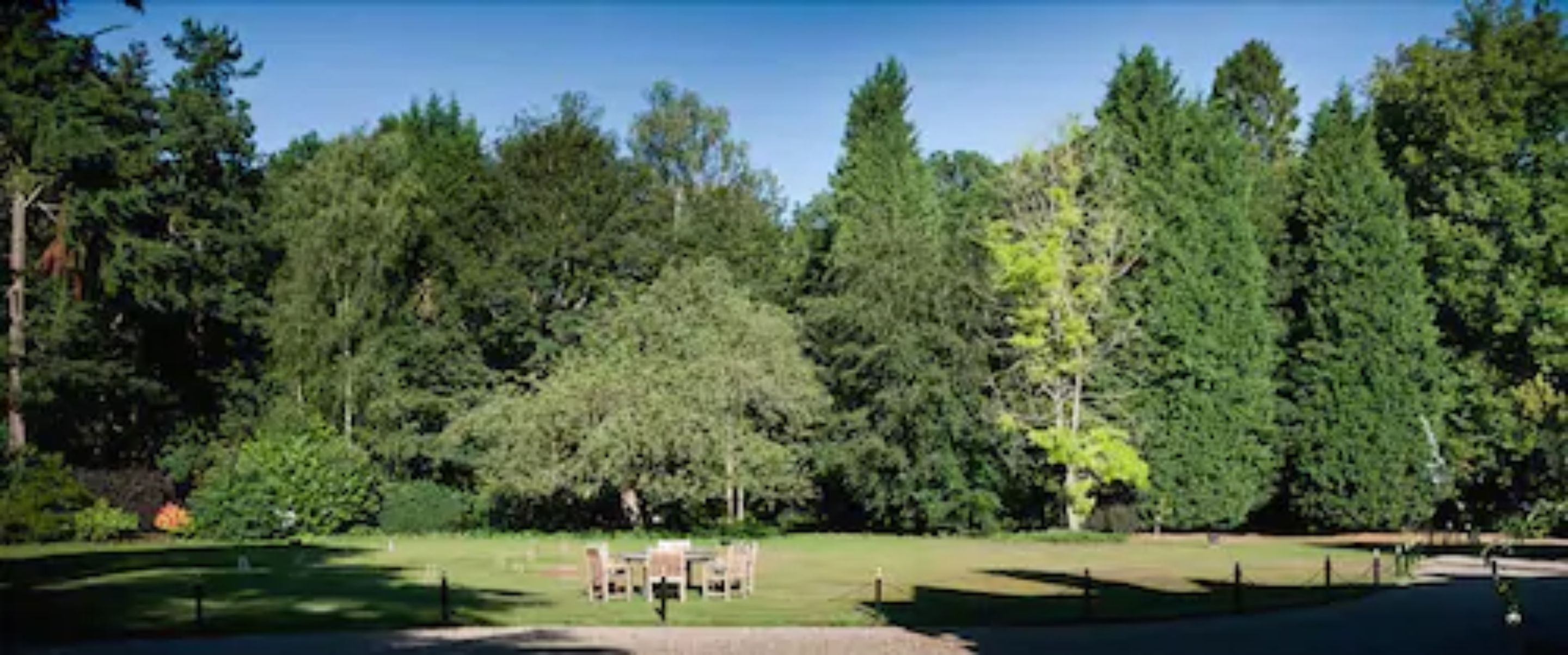 Un parc amb zona de pícnic i un estany.