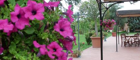 Un patio couvert avec une table et des chaises, entouré de plantes et de fleurs en pot.