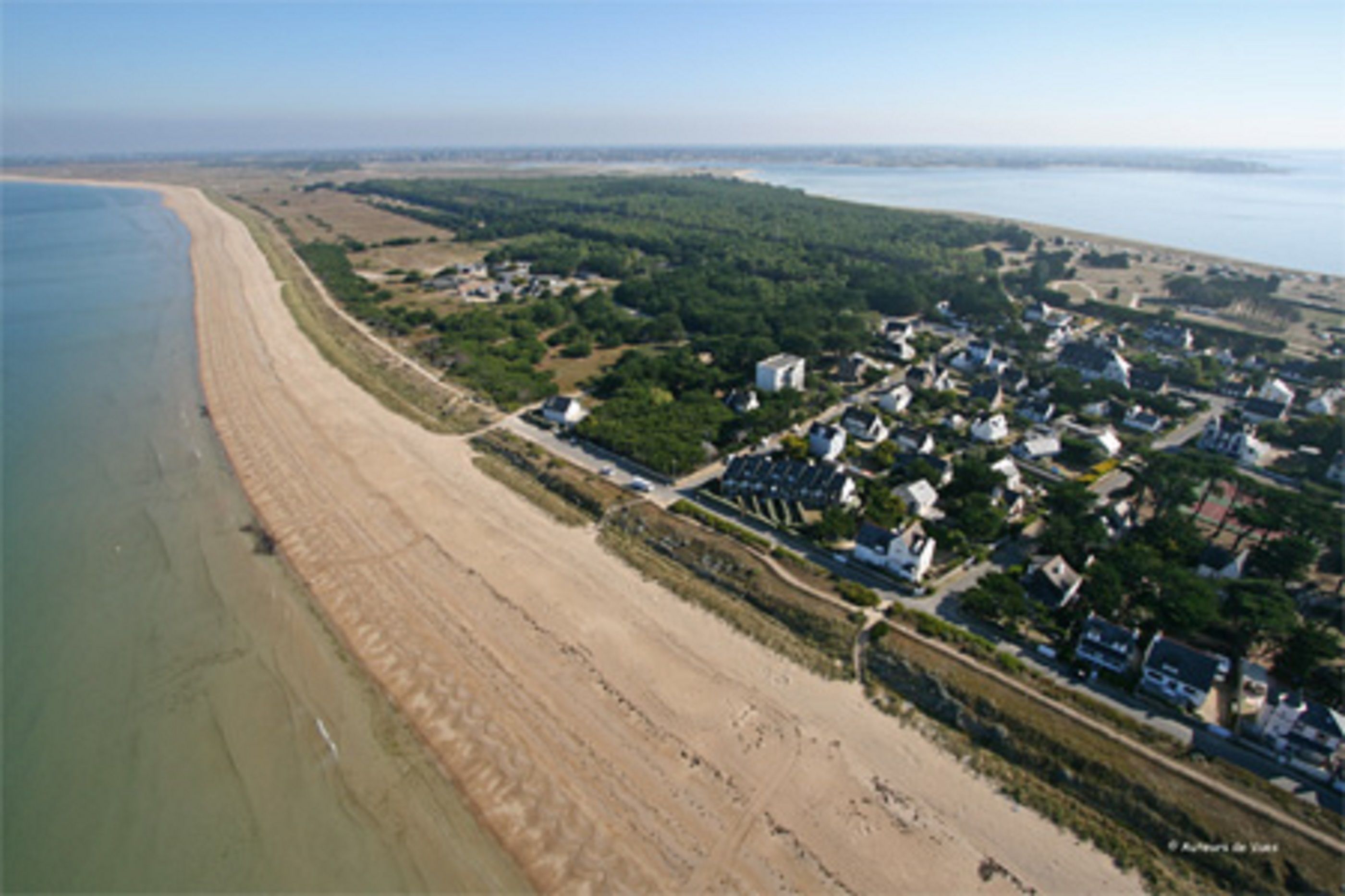 Vue aérienne d’une zone résidentielle côtière, avec des maisons le long de la plage, un ciel dégagé et une mer calme.