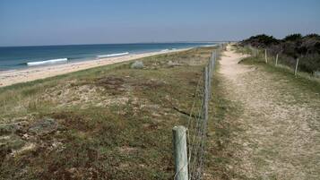 Un sentier bordant la plage, avec une clôture en bois et une vue dégagée sur l’océan.