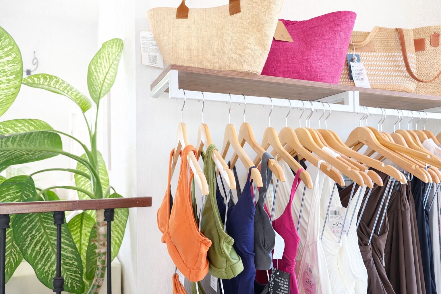 A clothing rack with various garments, a wooden shelf with bags, and a large green plant.