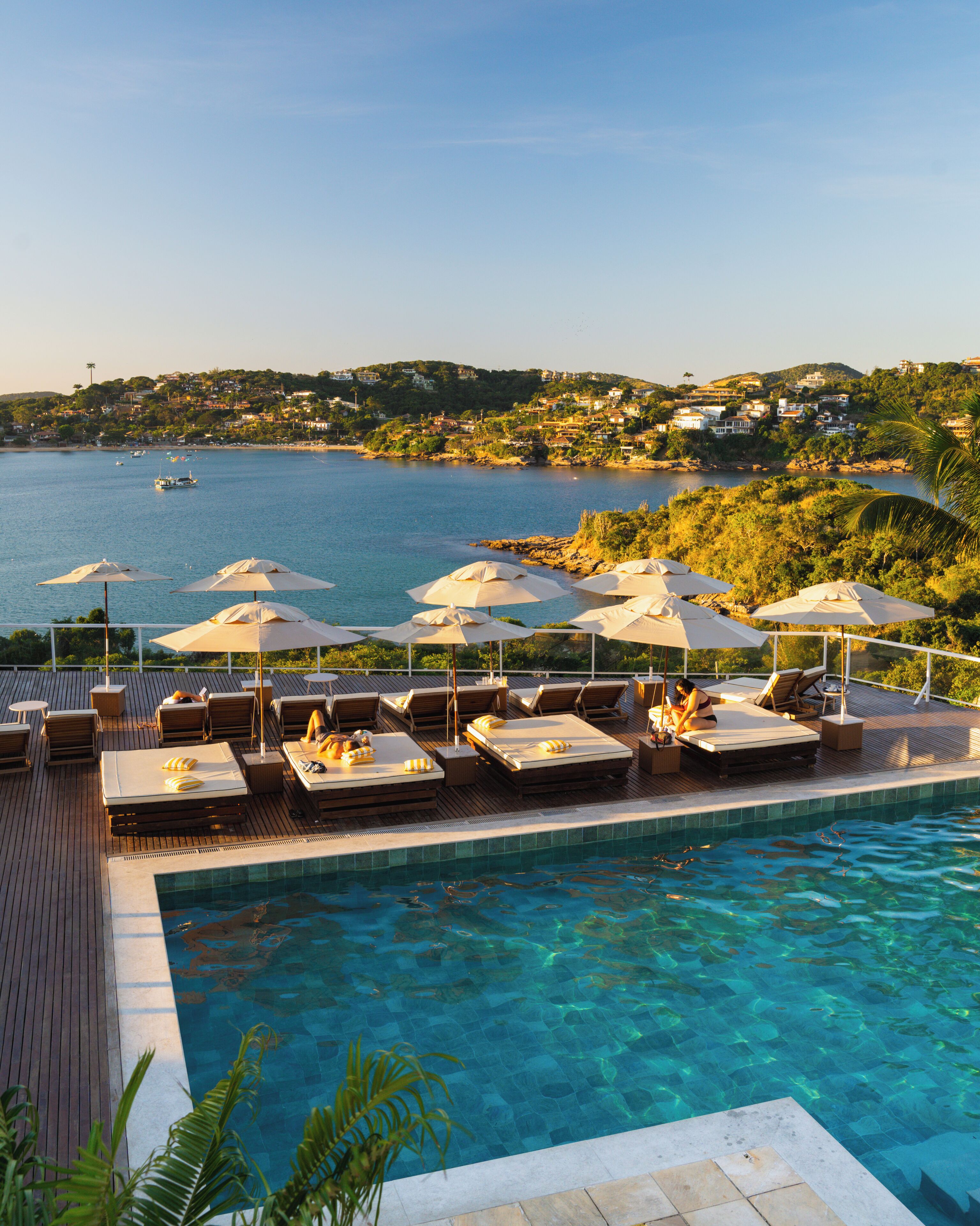 Outdoor pool, pool umbrellas, pool loungers