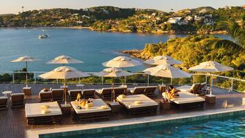 Outdoor pool, pool umbrellas, pool loungers