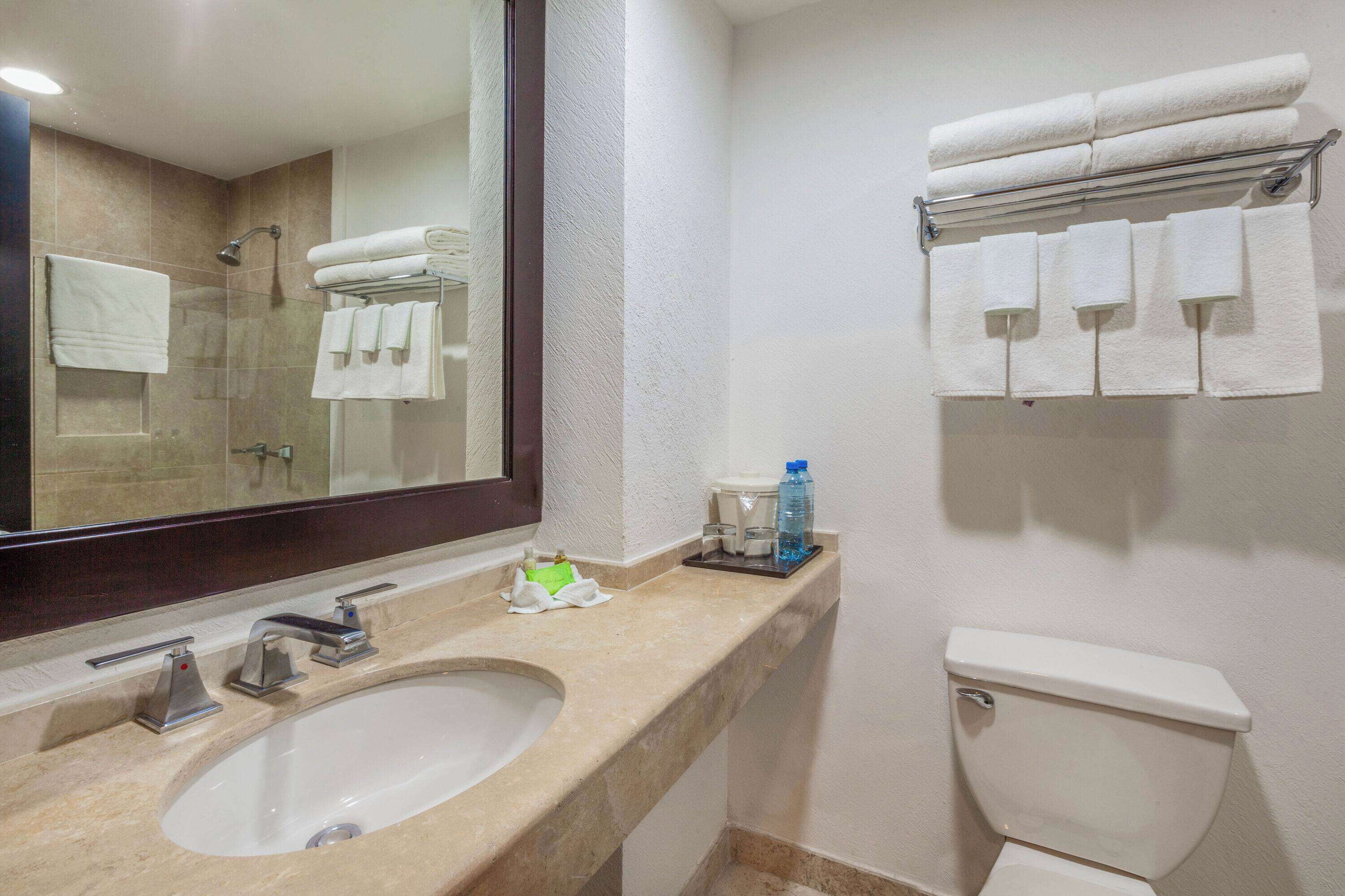 combined shower/bathtub, free toiletries, hair dryer, towels