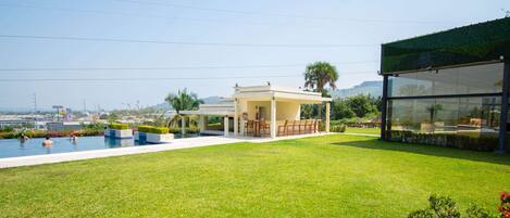 A well-maintained lawn, a swimming pool, and a building with large windows.