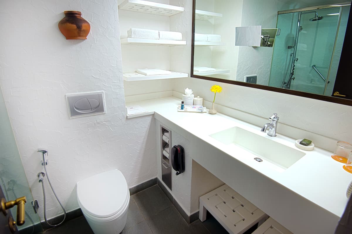 combined shower/bathtub, hydromassage showerhead, free toiletries