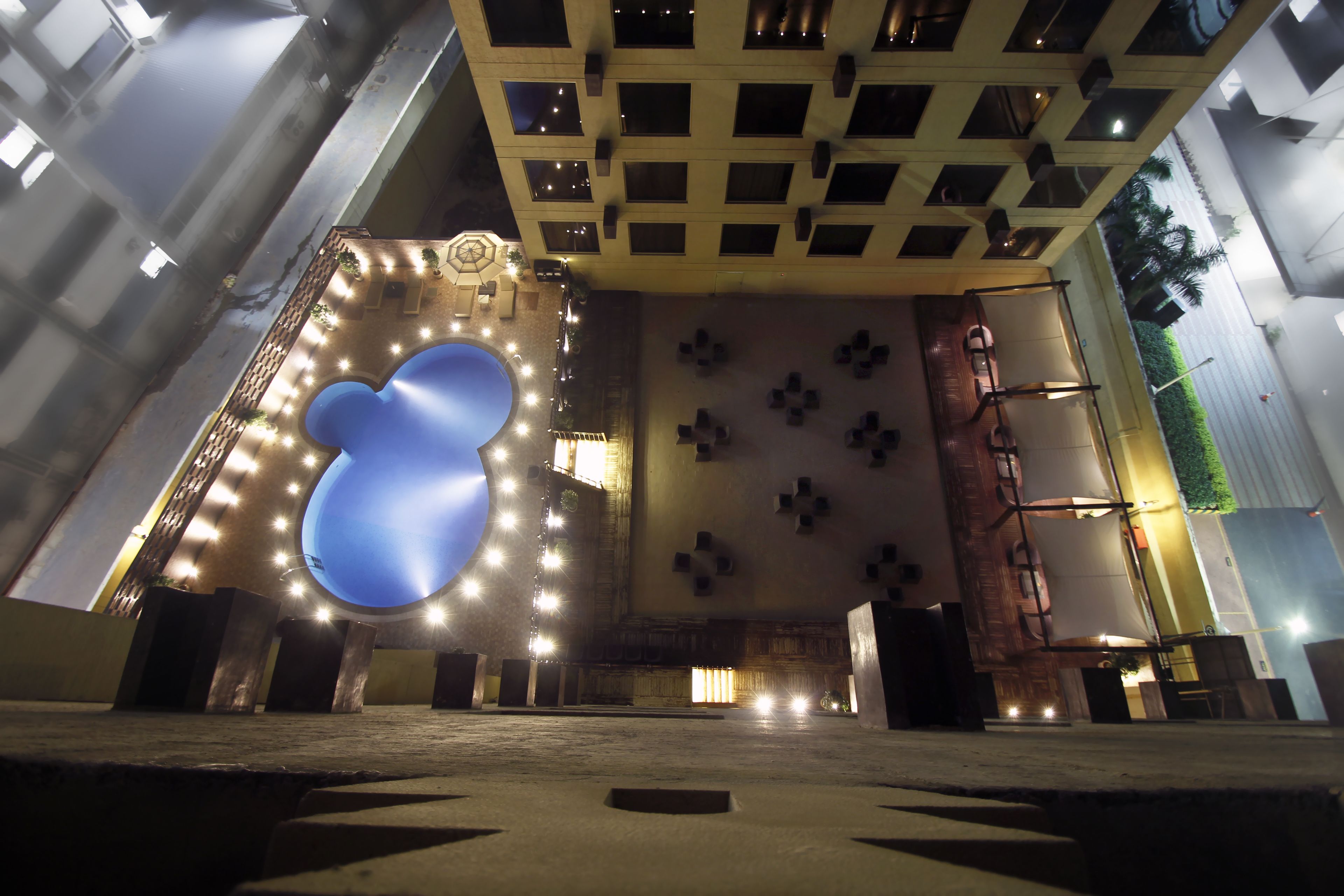 outdoor pool, pool umbrellas, pool loungers