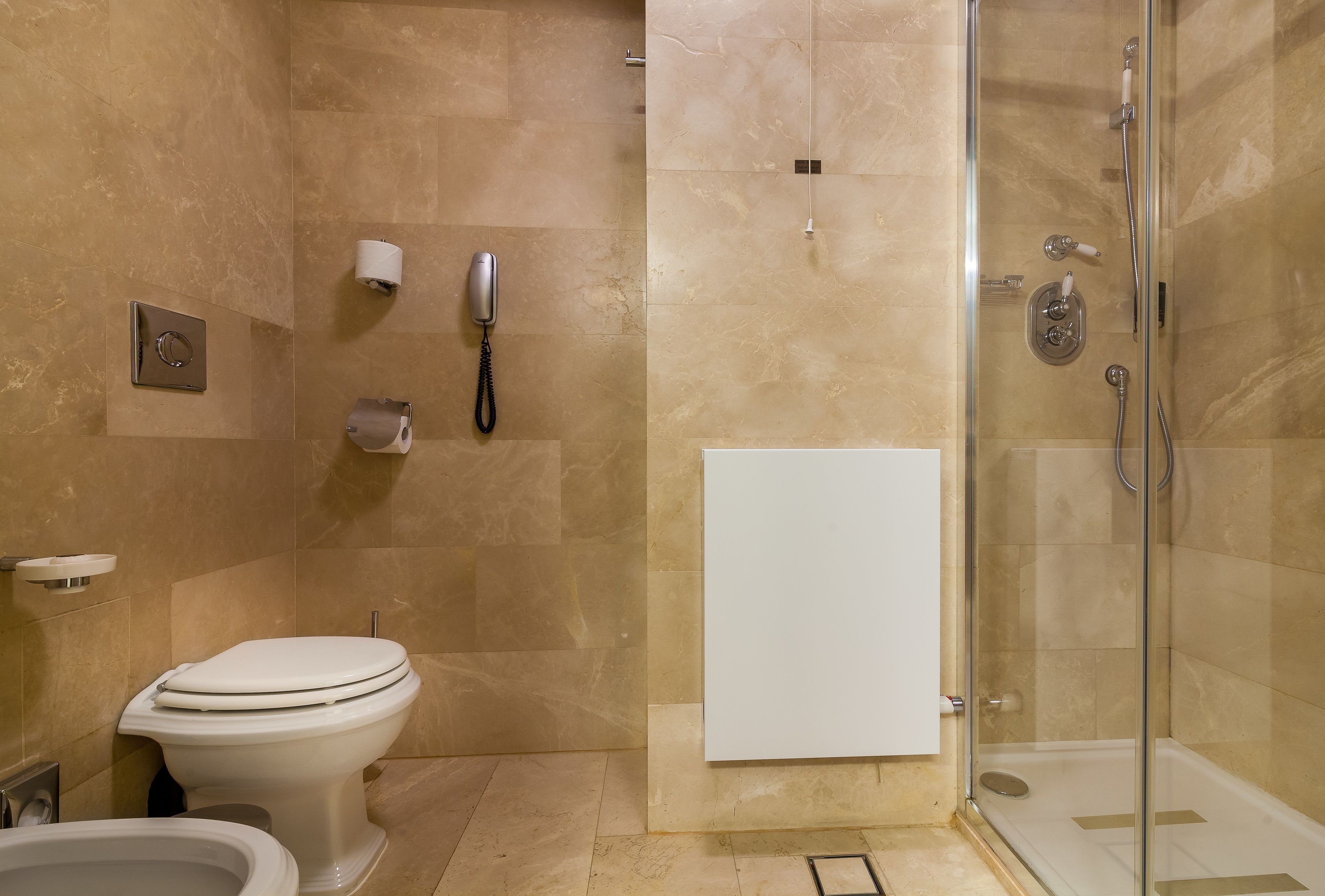 A bathroom with a toilet, a shower stall, and a toilet paper holder.