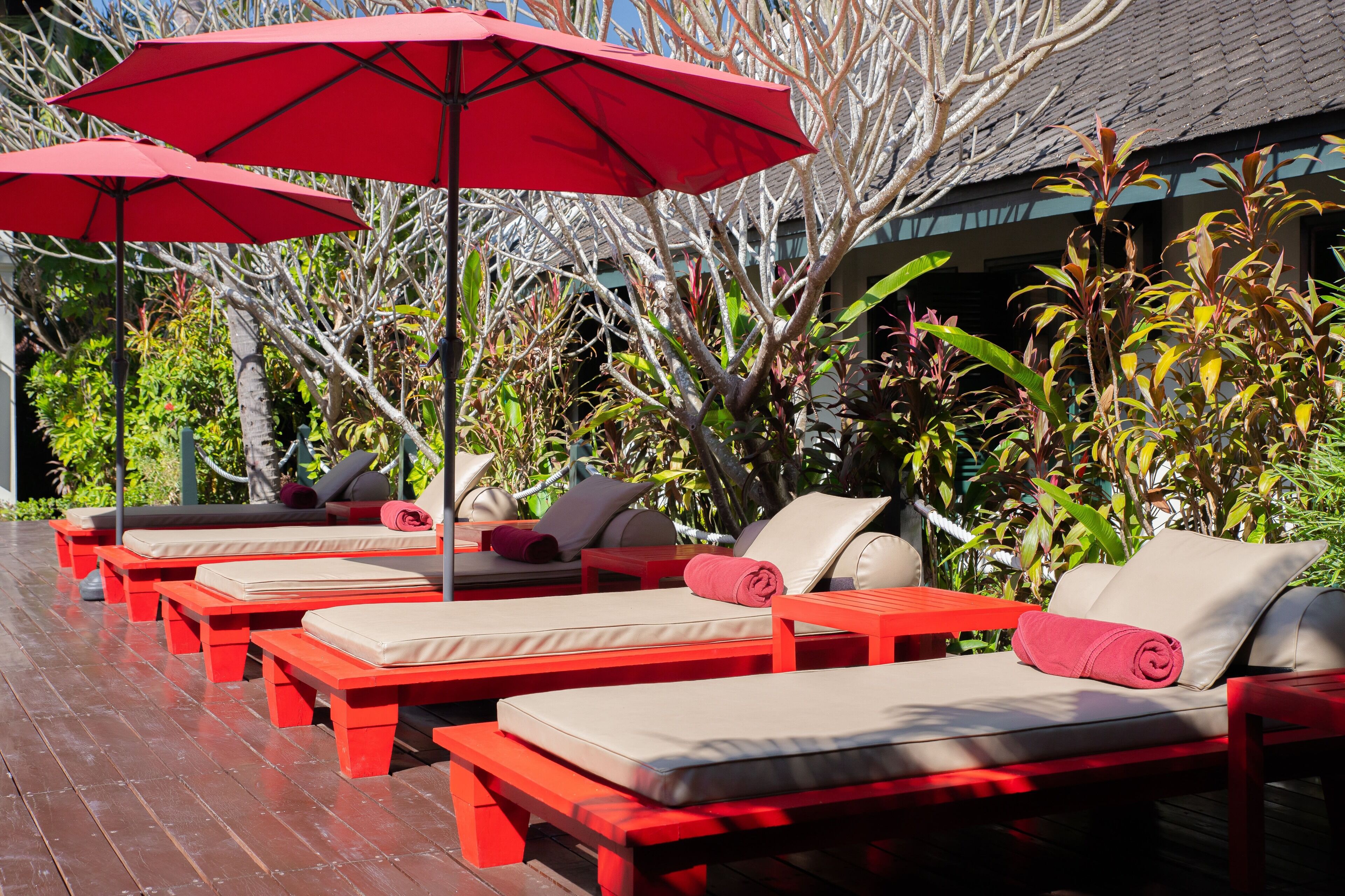 outdoor pool, pool umbrellas