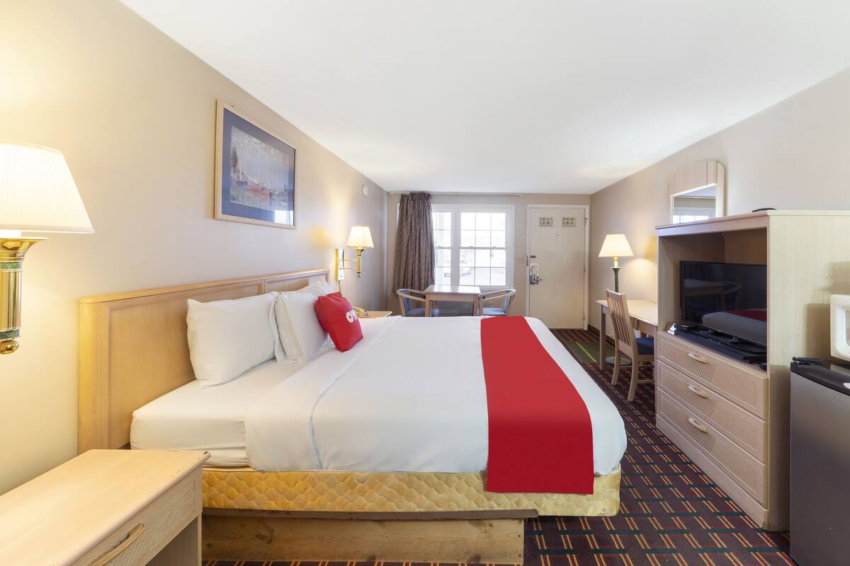 A hotel room with a bed, a desk, a chair, a television, and a minibar.