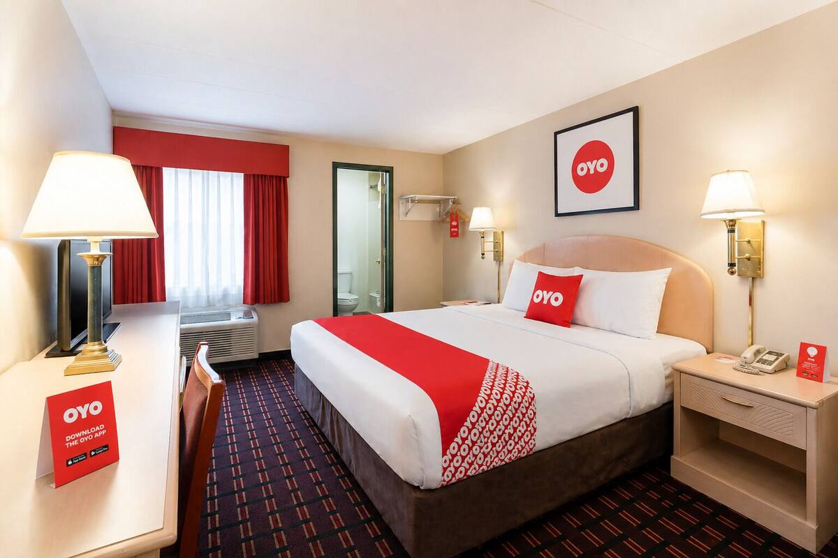 A hotel room with a bed, bedside tables, lamps, a TV, and a red and white patterned carpet.