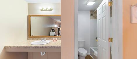 A bathroom with a sink, mirror, and toilet.