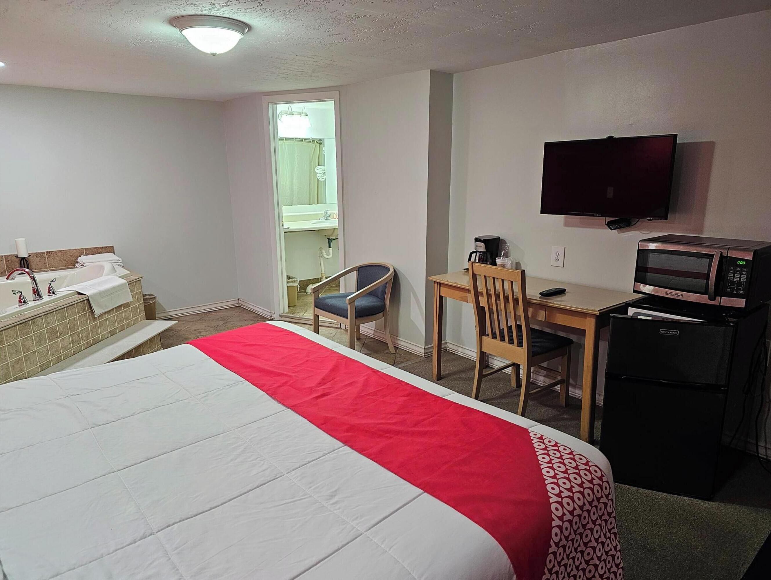 A hotel room with a bed, a desk, a chair, a television, a microwave, and a sink.