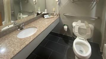 Combined shower/tub, hair dryer, towels