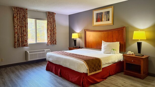 A hotel room with a large bed, two bedside tables with lamps, a window with curtains, a painting on the wall, and a radiator. - Laketree Inn And Suites Marion (Marion)