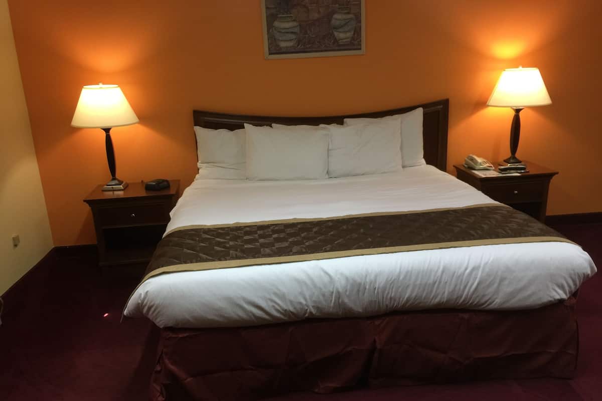 Ein Hotelzimmer mit einem großen Bett, zwei Nachttischen mit Lampen, einem Telefon und einem Gemälde an der Wand.
