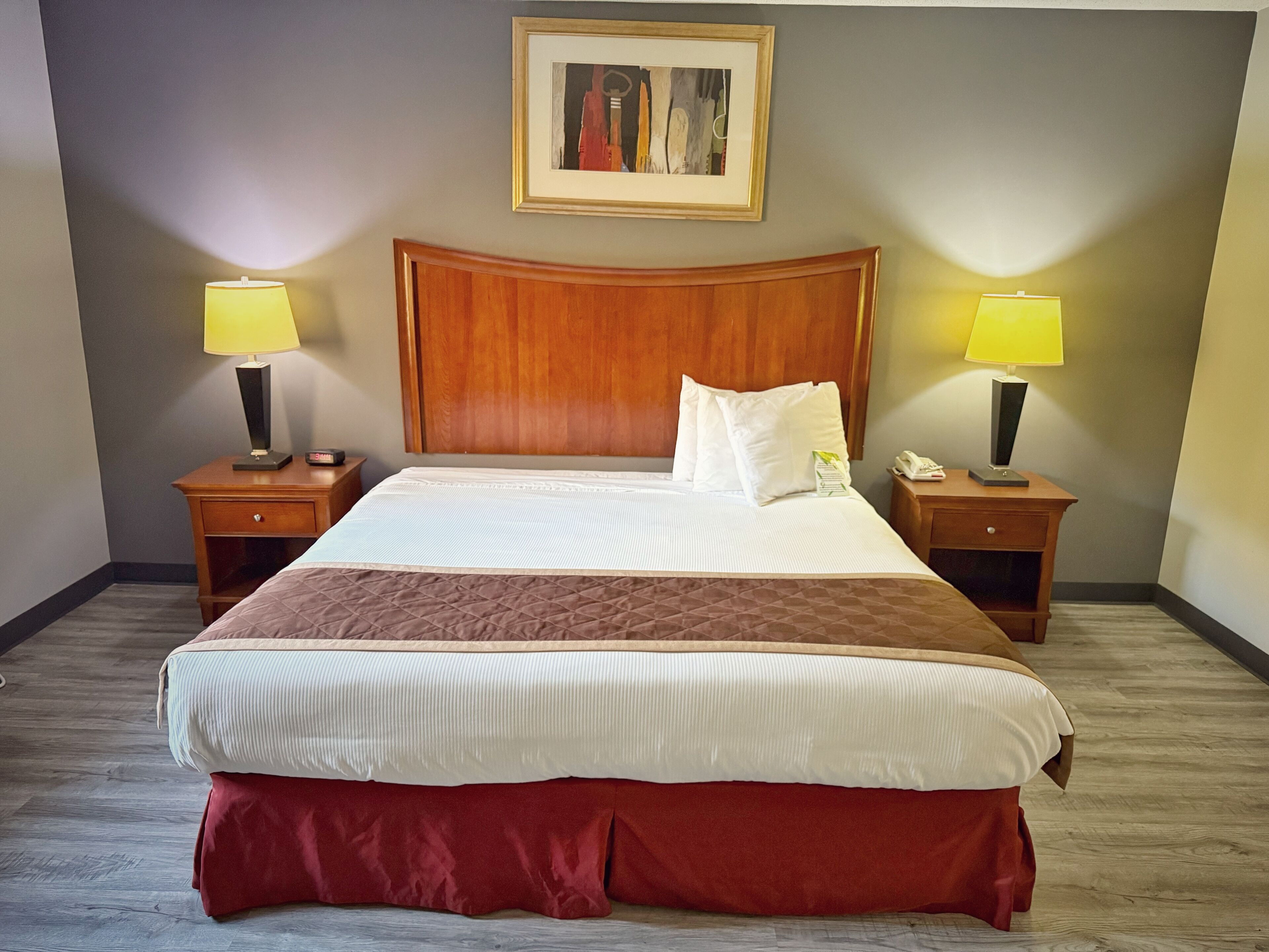Une chambre d’hôtel avec un grand lit, deux tables de chevet, une tête de lit en bois, un tableau encadré au mur et deux lampes.