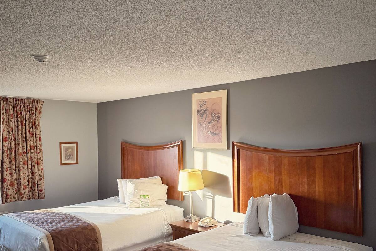 Ein Hotelzimmer mit zwei Betten, Holzkopfteilen, einem Nachttisch mit Lampe und einem gerahmten Kunstwerk an der Wand.