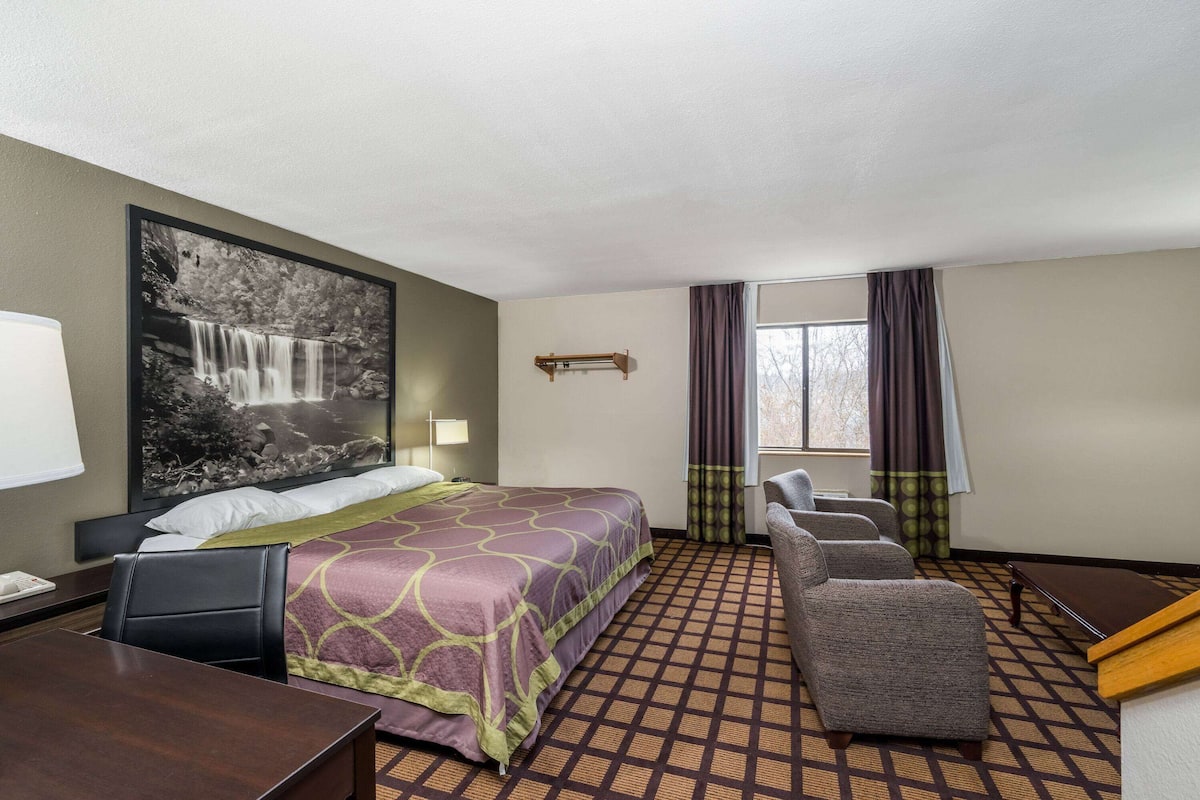 A hotel room with a large bed, a desk, a chair, a sofa, and a window with curtains.