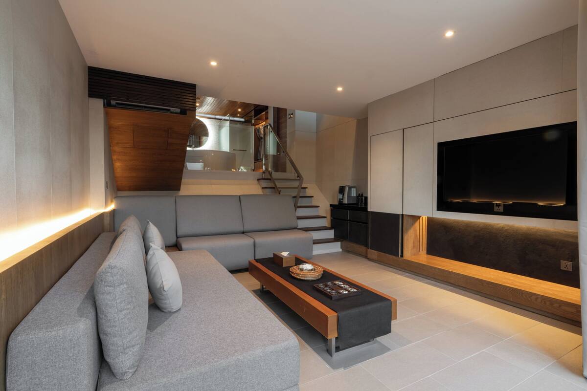 duplex grand pool villa | living area | 50-inch led tv with digital channels