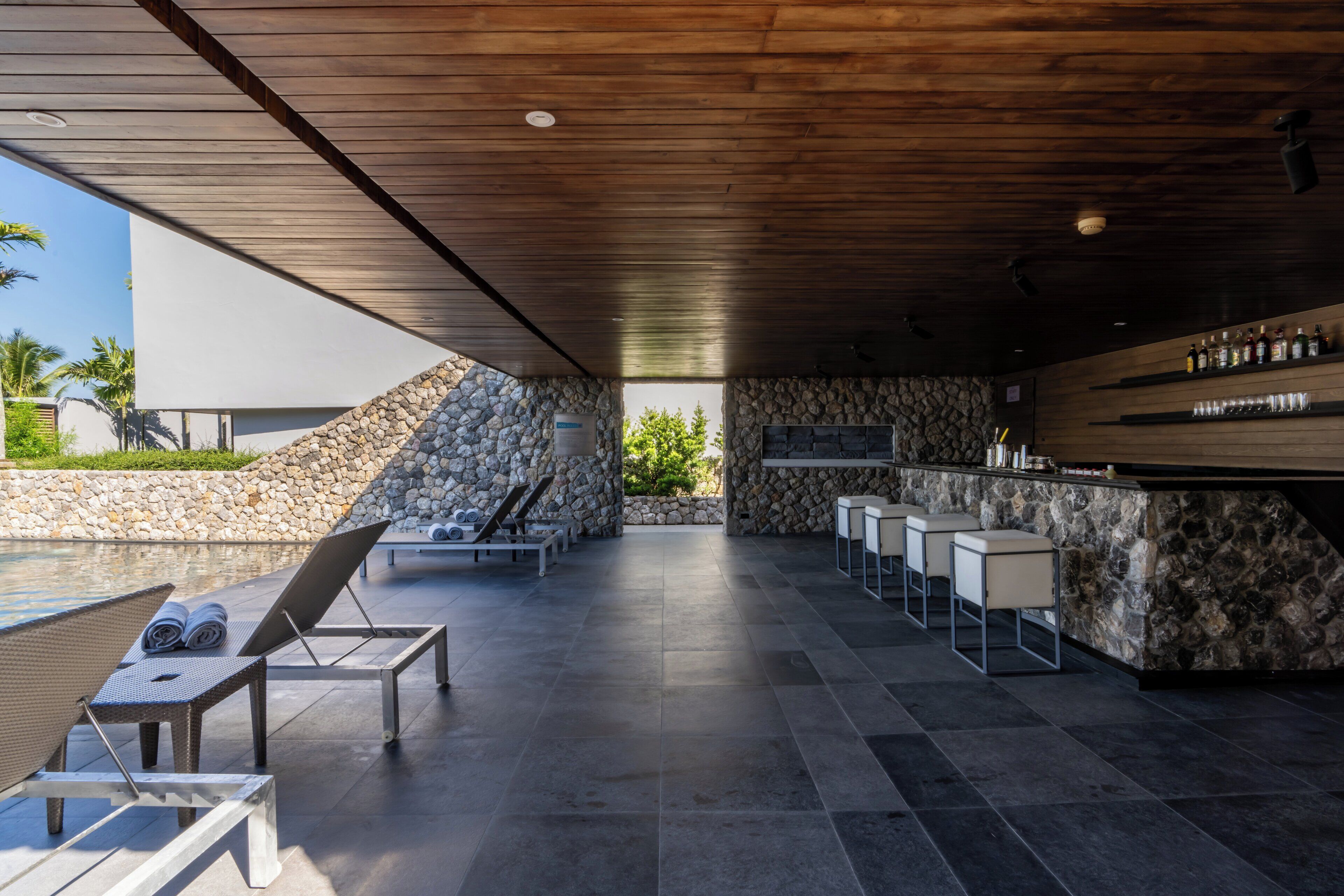 outdoor pool, pool loungers