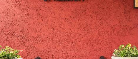 A red textured wall with the words "COURTYARD BY MARRIOTT" in black letters. There is a wooden bench in front of the wall.