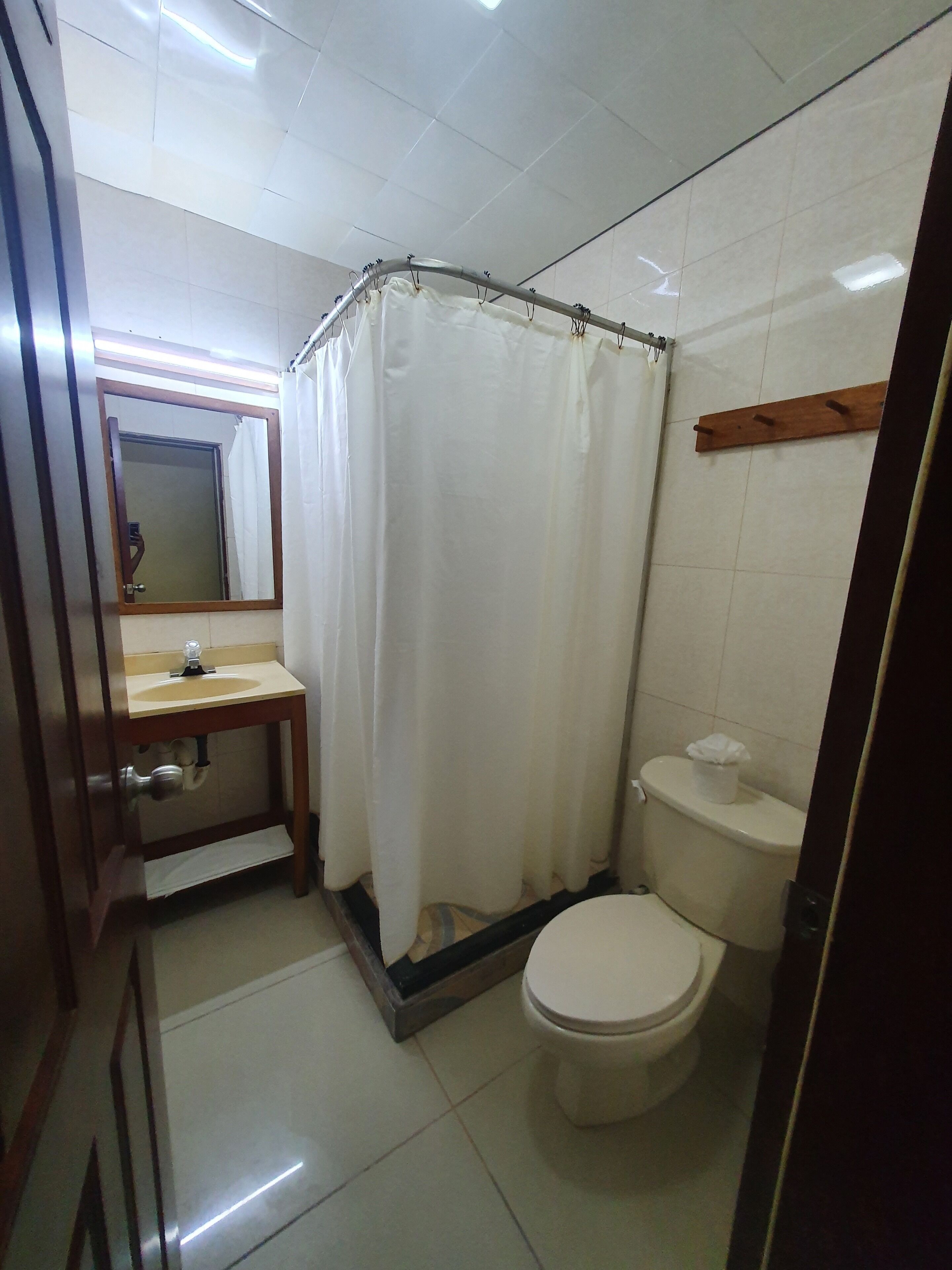A bathroom with a shower curtain, a sink, a mirror, and a toilet.