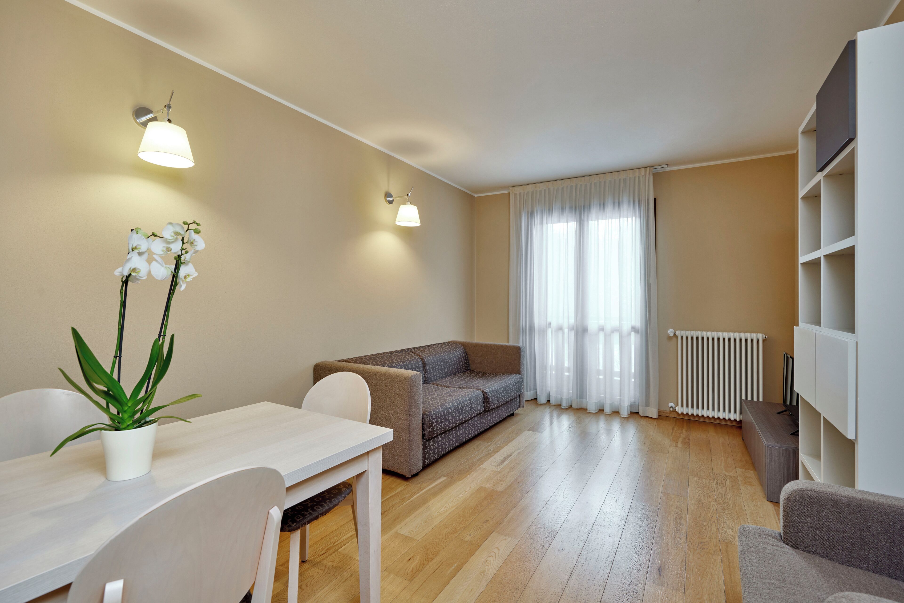 A modern living room with a sofa, a dining table with chairs, a potted plant, and a radiator.