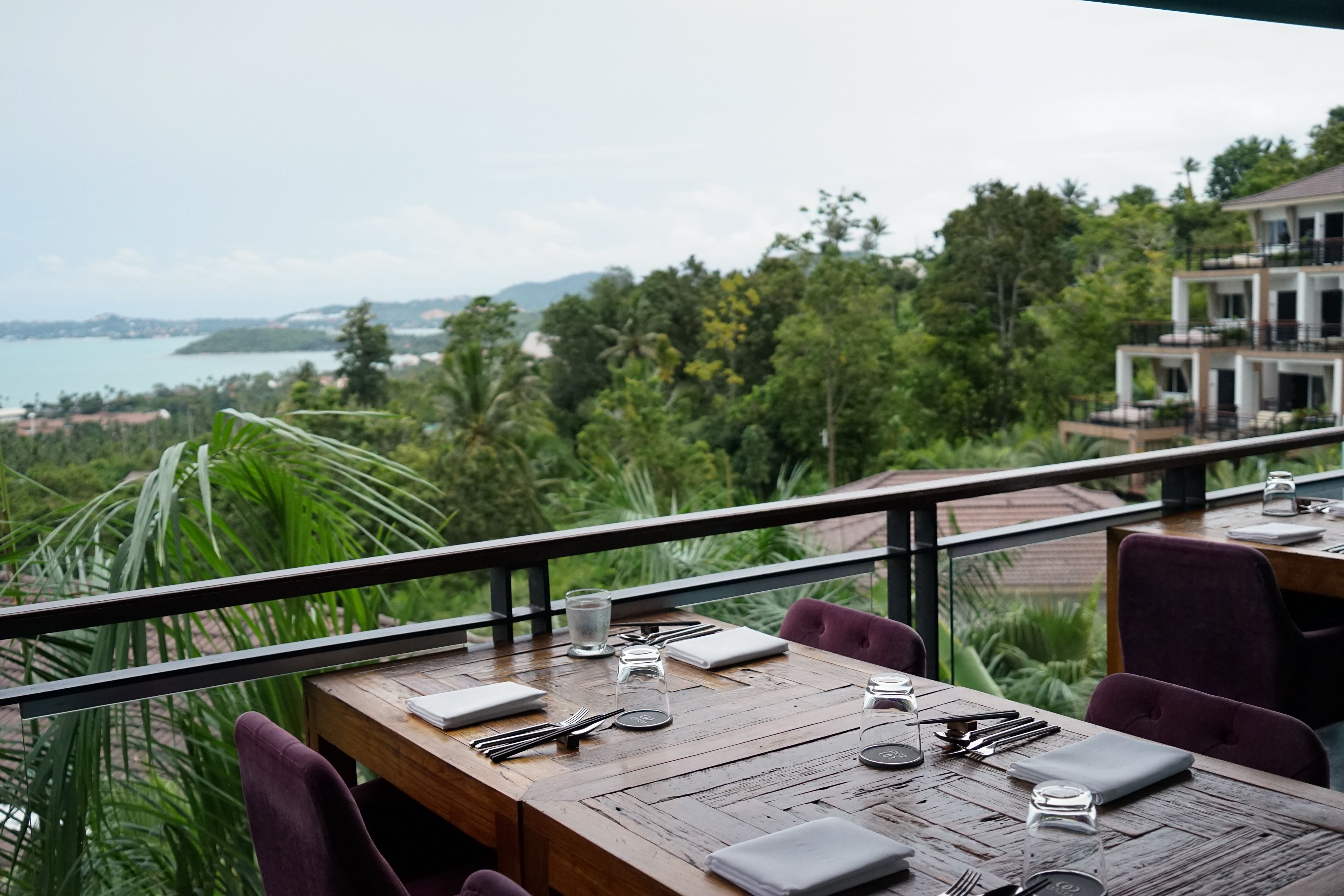 A dining table set with cutlery and glassware, overlooking a scenic view of a coastline and lush greenery.